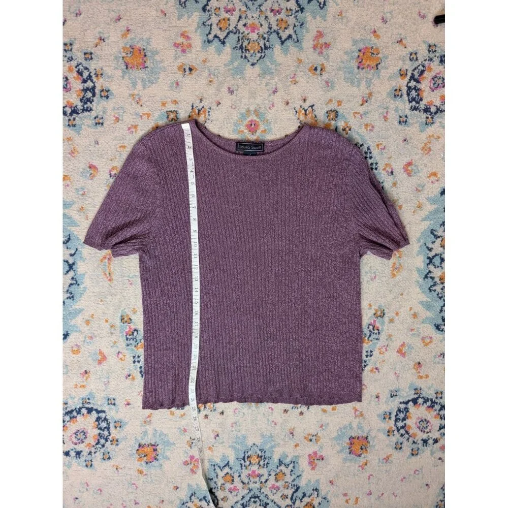 Vintage Laura Scott Women's Ribbed Knit Marled Purple Short Sleeve Sweater - XL - Picture 7 of 9